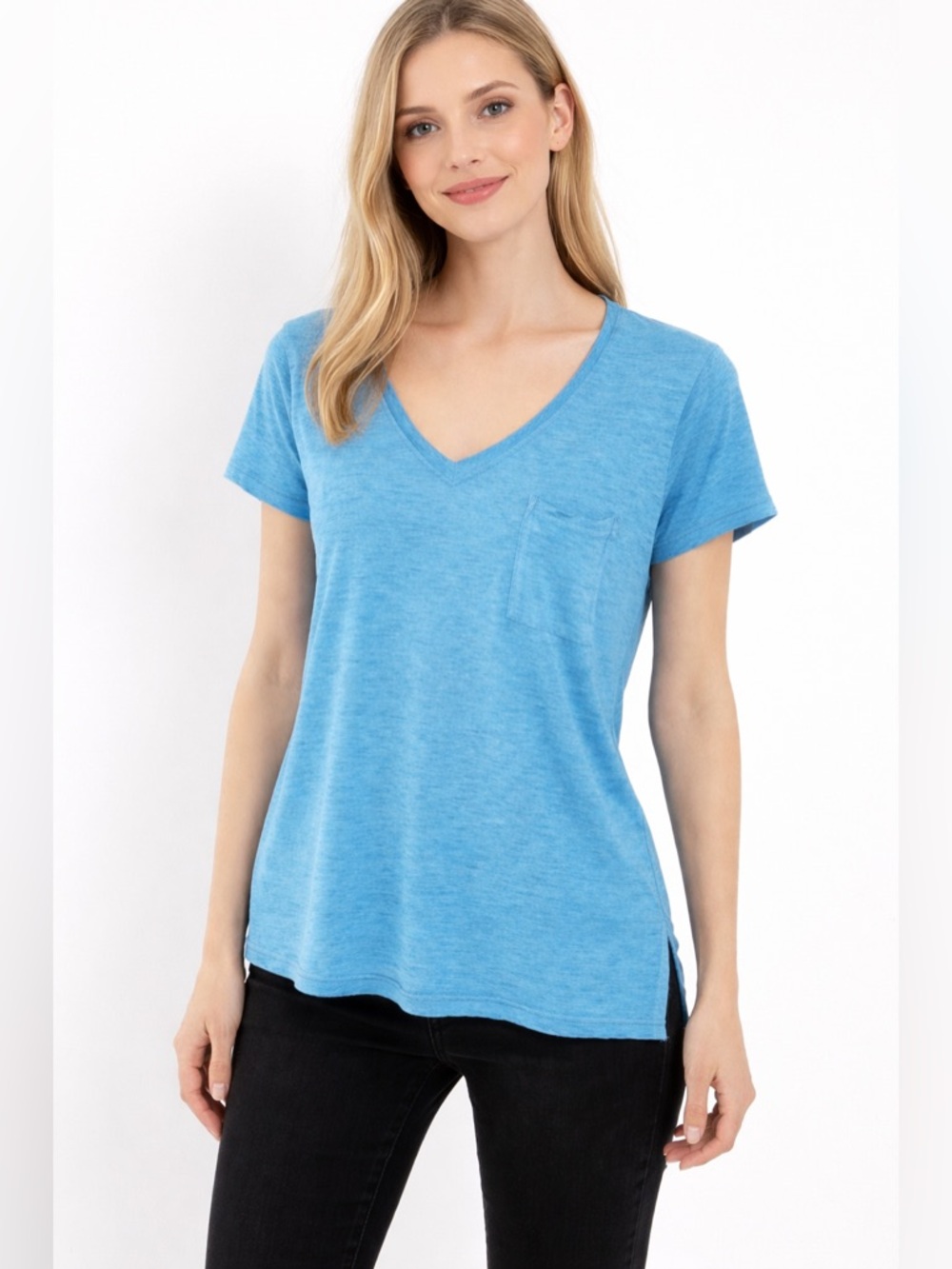 Zenana Sky-Blue V-Neck Pocket‎ Tee